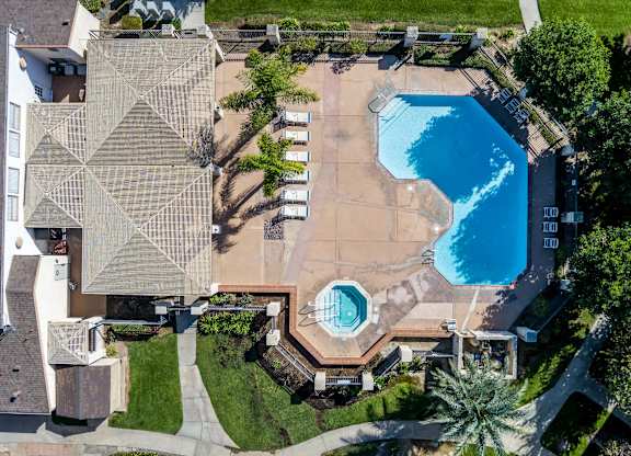 Large swimming pool Bird's eye view at Whispering Fountains Riverside, Riverside, CA, California 