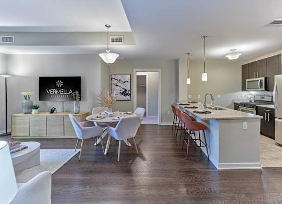 Open concept kitchen and dining area at Vermella Lyndhurst apartments, Lyndhurst, NJ