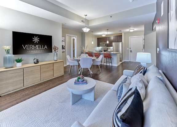 Spacious, open layout kitchen and living area at Vermella Lyndhurst apartments, Lyndhurst 07071