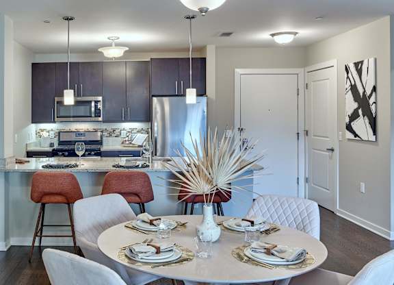 Open concept kitchen and dining area at Vermella Lyndhurst apartments, New Jersey