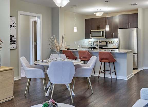 Open concept kitchen and dining area at Vermella Lyndhurst apartments, Lyndhurst, New Jersey
