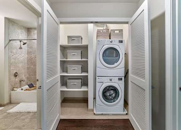 in unit washer and dryer with storage space  at Vermella Lyndhurst apartments, New Jersey, 07071