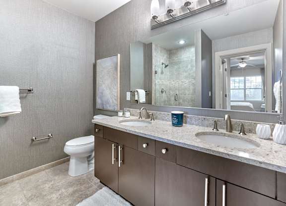 Double sink and vanity bathroom at Vermella Lyndhurst apartments, Lyndhurst, NJ