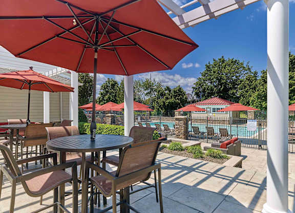 patio, pool, sun deck, outdoor lounge, fire pit at Vermella Lyndhurst apartments, Lyndhurst, NJ