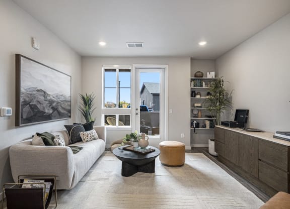 a living room with a couch and a coffee table