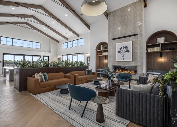 a living room with couches and chairs and a fireplace