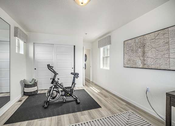 homes fitness room with exercise bike