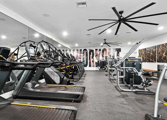 A gym with treadmills, exercise bikes, and other equipment.