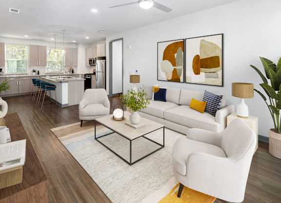 A modern living room with a white sofa, a coffee table, and a painting on the wall.