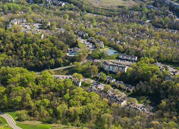 A bird's eye view of a residential area surrounded by trees.