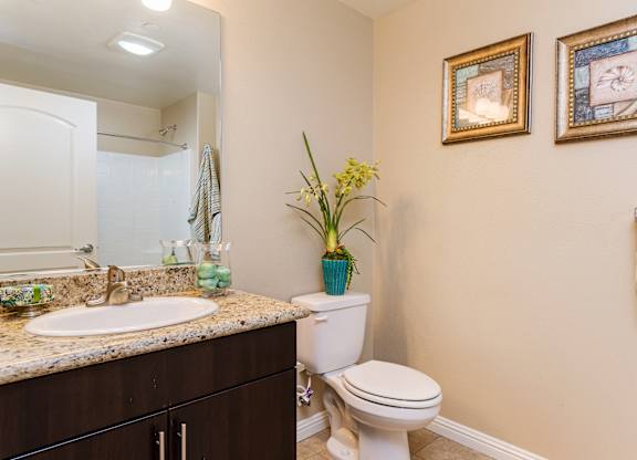 A bathroom with a toilet, sink, and two pictures on the wall.