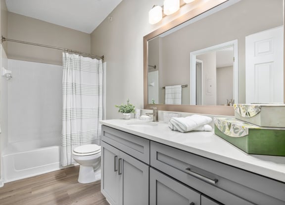 a bathroom with a large mirror and a toilet at Mariners Crossing, Raleigh, 27613