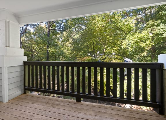 the deck has a view of the trees and the river