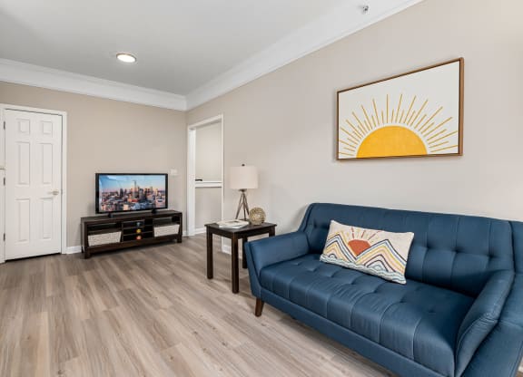 a living room with a blue couch and a tv at Mariners Crossing, Raleigh North Carolina