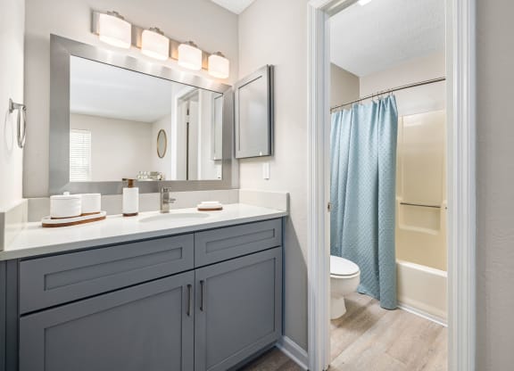 a bathroom with a shower and a sink and a mirror at View at Lake Lynn, North Carolina