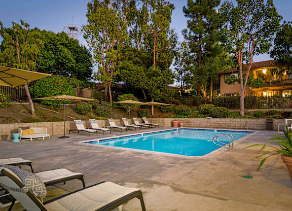 A pool surrounded by trees and chairs.