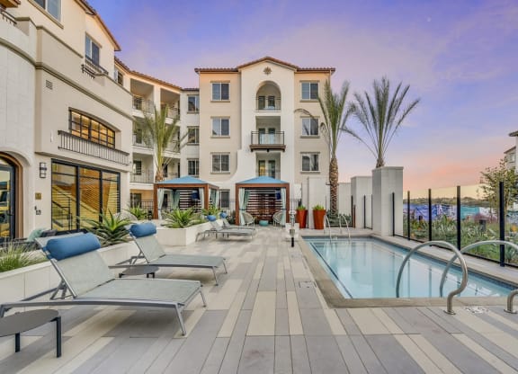 Resort-style swimming pool at Sola at Pacific Highlands Ranch Apartments, San Diego