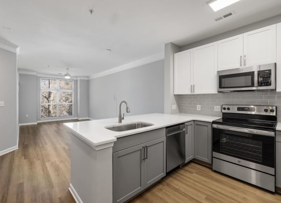 a kitchen and living room in a 555 waverly unit