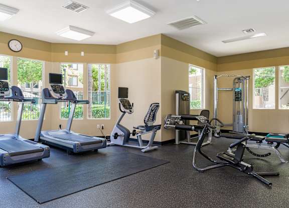 A gym with treadmills, elliptical machines, and other exercise equipment.