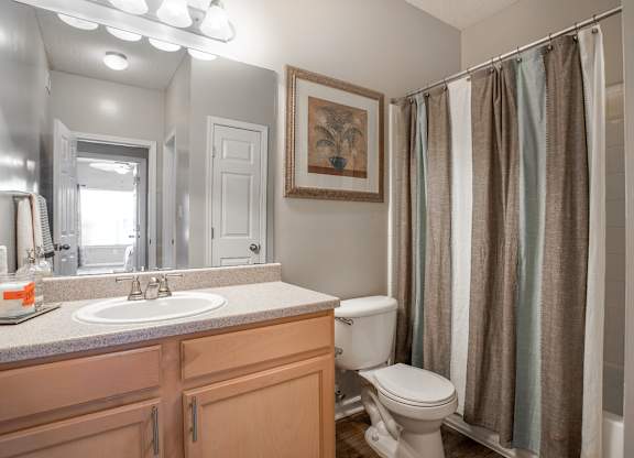 A bathroom with a toilet, sink, and shower.