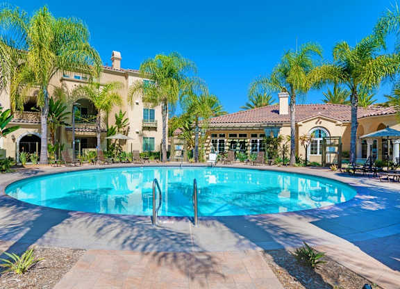 A large swimming pool surrounded by palm trees and a building in the background.