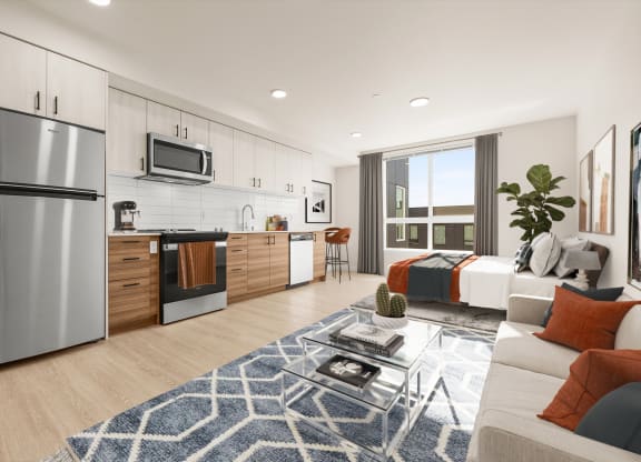 a kitchen and living room in a 555 waverly unit at Ion Town Center, Shoreline