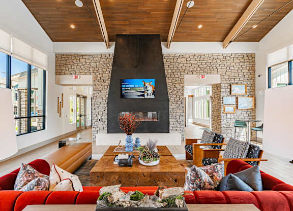 Clubhouse with fireplace at Firestone Junction apartments for rent in Northern Colorado.