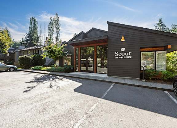 Leasing office exterior with covered entrance at Scout Apartments, Kirkland, WA