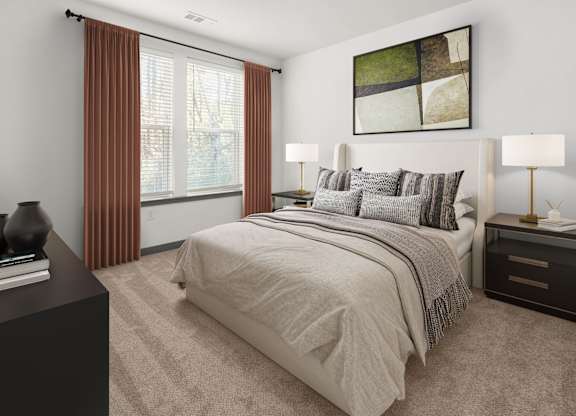 A bedroom with a large bed and a painting on the wall.