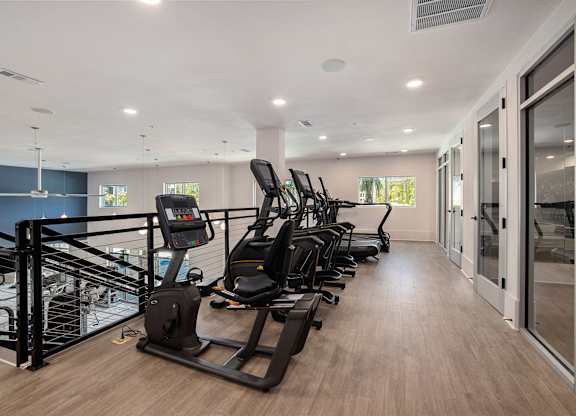 a row of treadmills in a fitness room with glass doors