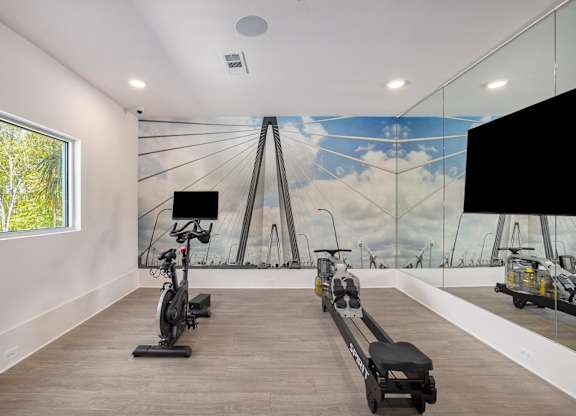 a gym with weights and a mural of a bridge on the wall