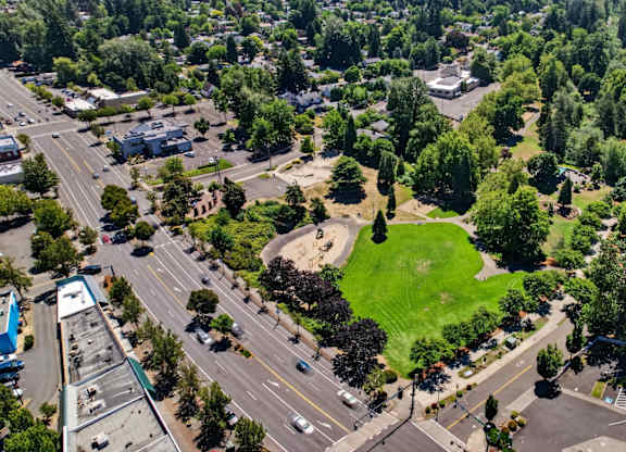 A green field is surrounded by buildings and roads.