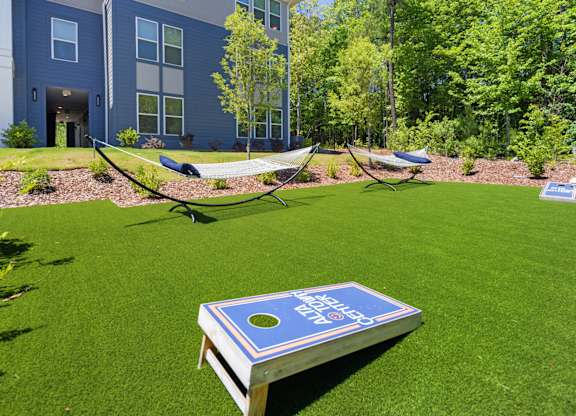 A blue book with a hole in the middle is on a green lawn.
