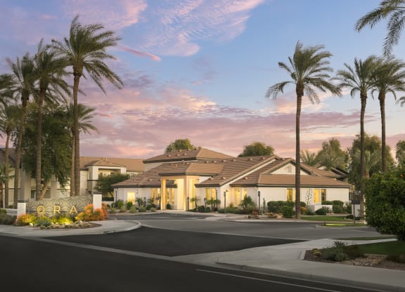 a street view of a house with palm trees