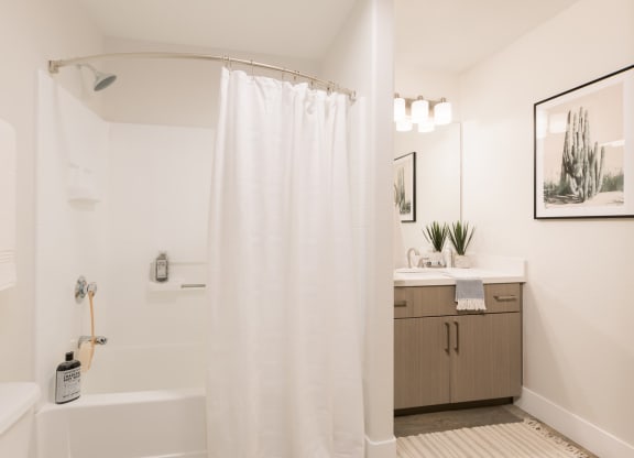 a bathroom with a shower and a sink and a bath tub