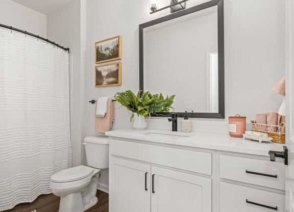 a white bathroom with a large mirror and a toilet