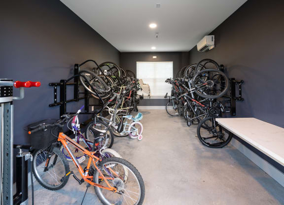 a group of bikes parked in a room
