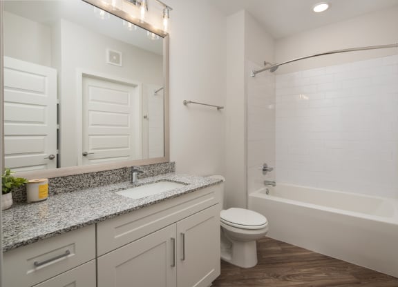 a bathroom with a shower toilet and sink and a mirror