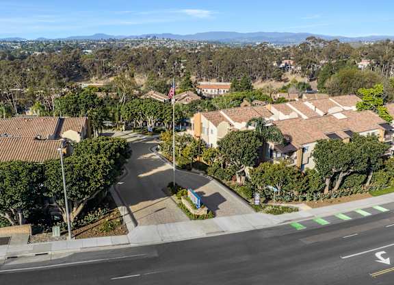 A street view of a residential area with houses and trees.