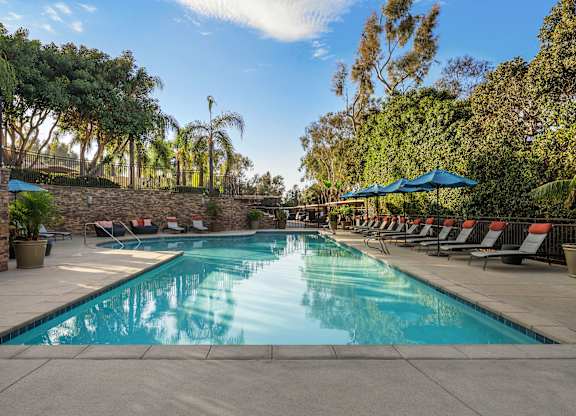 A large outdoor swimming pool surrounded by trees and lounge chairs.