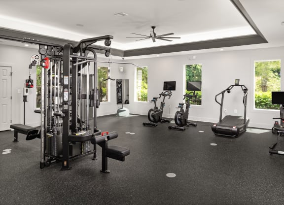 a gym with weights and cardio equipment in a luxury home