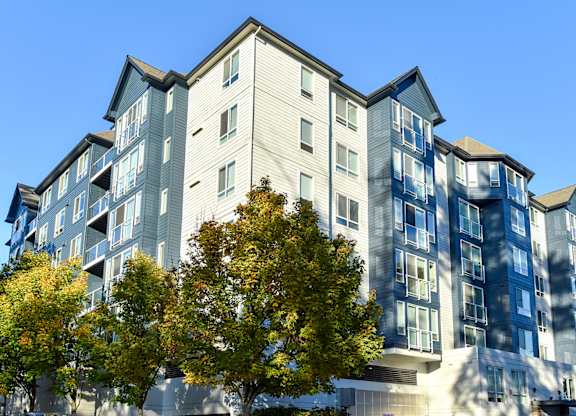 an apartment building with a tree in front of it