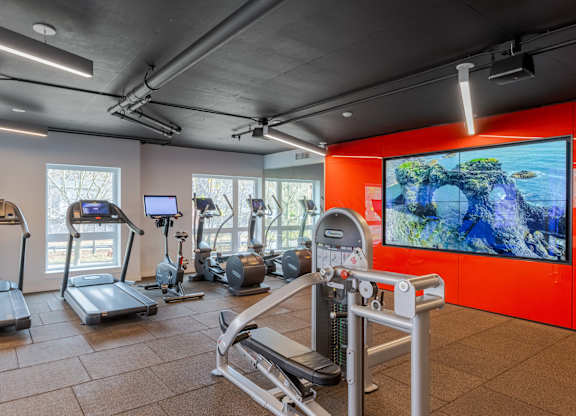 A gym with treadmills, exercise bikes, and a television screen showing a rocky landscape.at Axle, Seattle, WA 