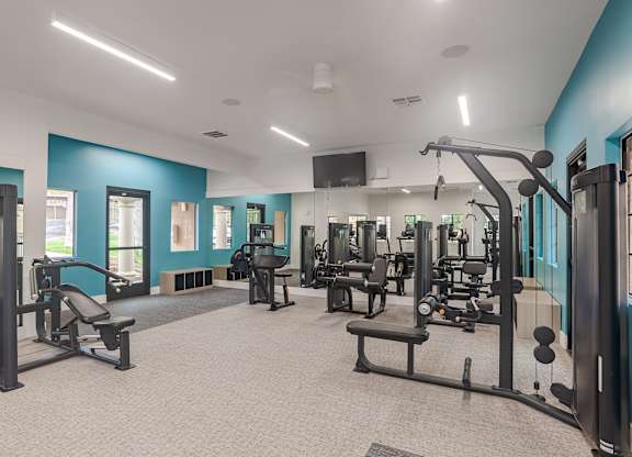A gym with a variety of equipment including a bench press, a squat rack, and a leg press machine.