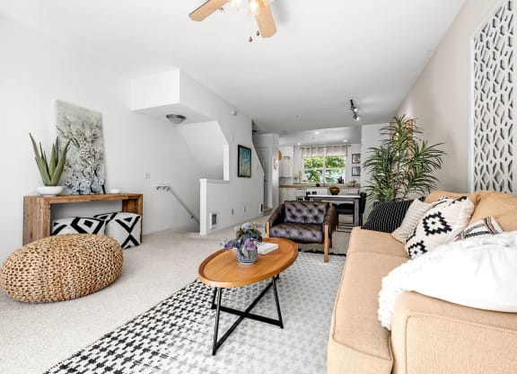 a living room with a beige couch and a black and white rug