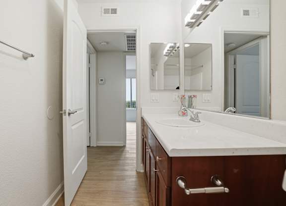 A bathroom with a white sink and a mirror.