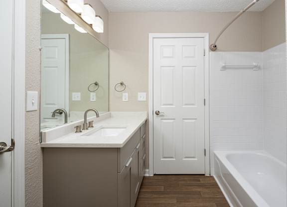 a bathroom with a sink and a tub and a mirror