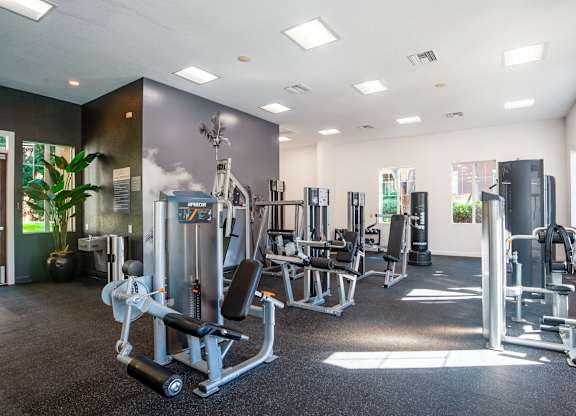 A gym with a variety of equipment including a leg press machine.