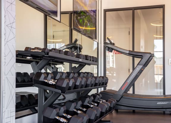 a treadmill and weights in a gym with glass doors