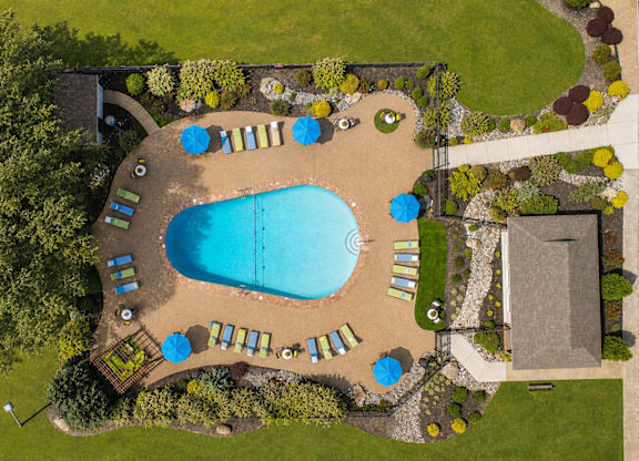 An aerial view of a swimming pool surrounded by trees and lawn.